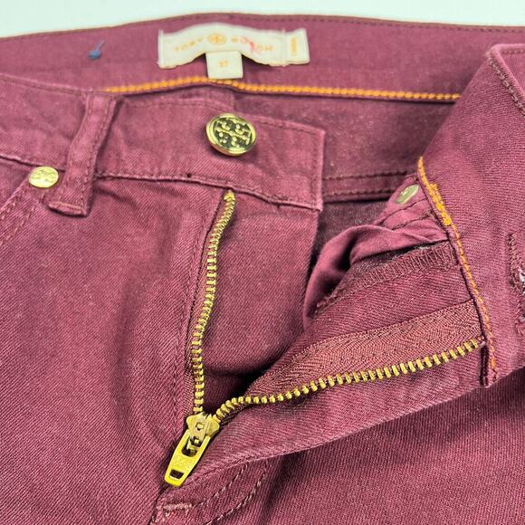 Tory Burch Super Skinny Jean Burgundy Cranberry Stretch Denim Mid Rise Size 27 - Picture 8 of 14